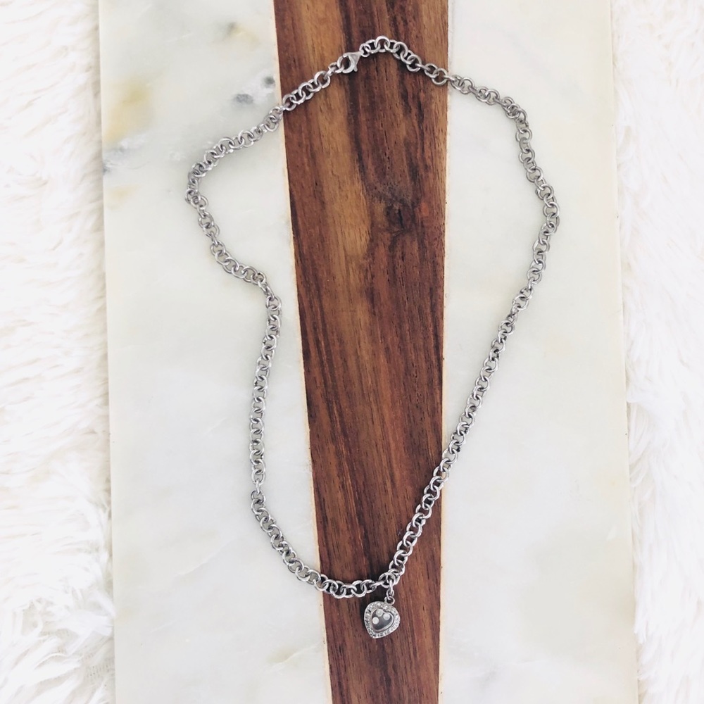Silver toned heart necklace with crystal beads on the interior of glass chain - Picture 4 of 11